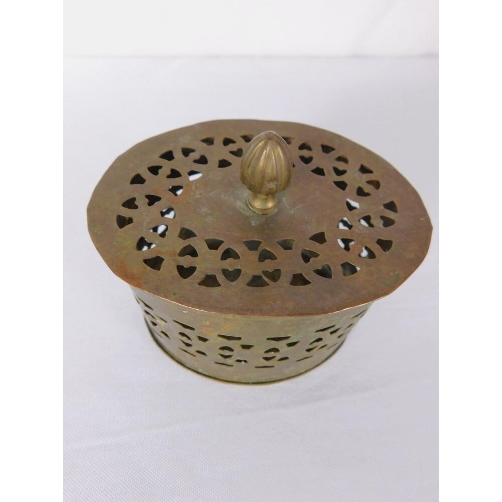 Vintage Brass Pierced Round Candle Holder Lidded Patina Made In India Decor - Picture 7 of 10
